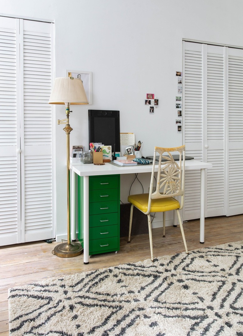 Green and yellow desk set up