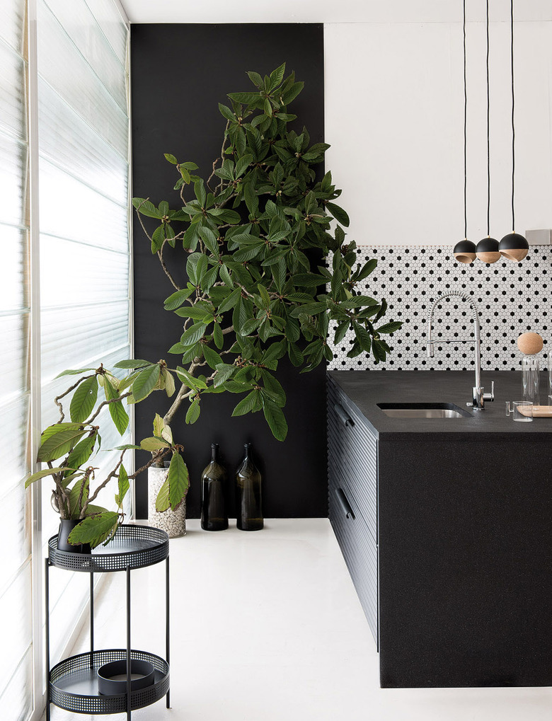 black and white kitchen with patterned tile backsplash