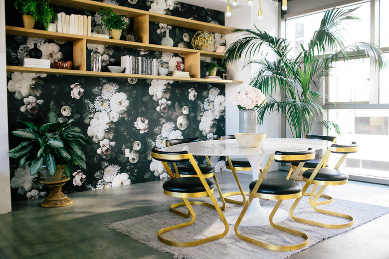 black dining room color idea with floral wallpaper and open shelving