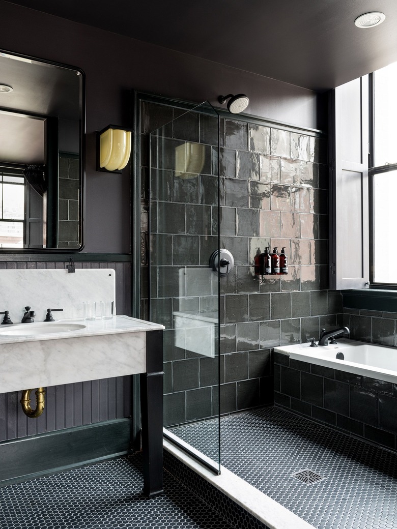 contemporary black tile shower with tub