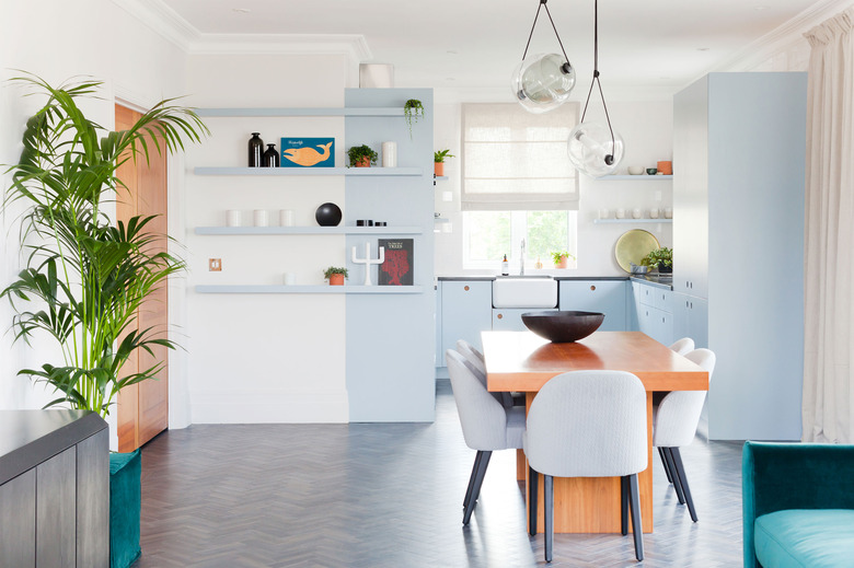 modern blue and white kitchen with pastel color blocking