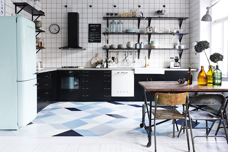 navy kitchen with hand-painted blue kitchen floor tiles