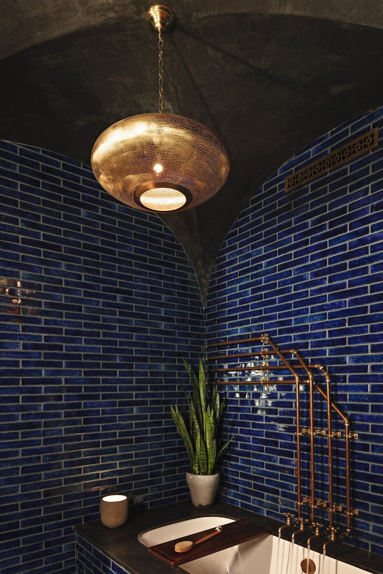 bohemian bathroom backsplash blue subway tiles