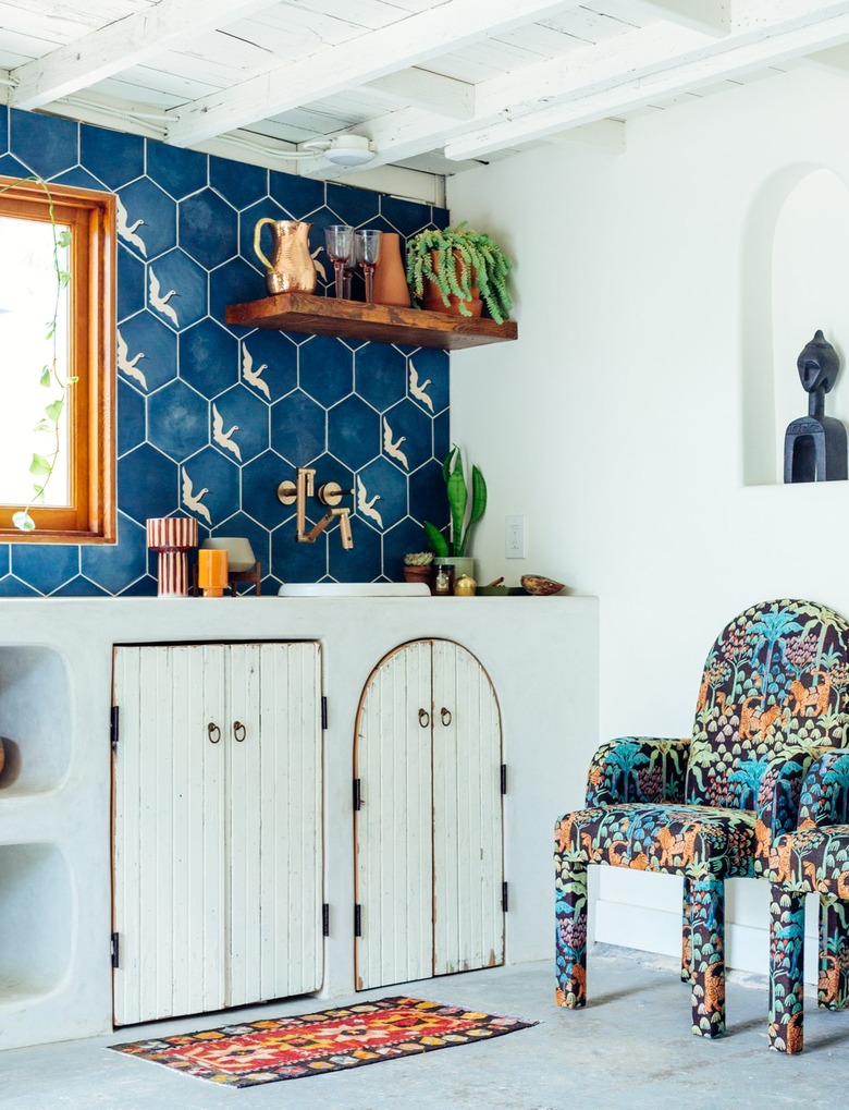 white and blue bohemian kitchen with blue patterned backsplash