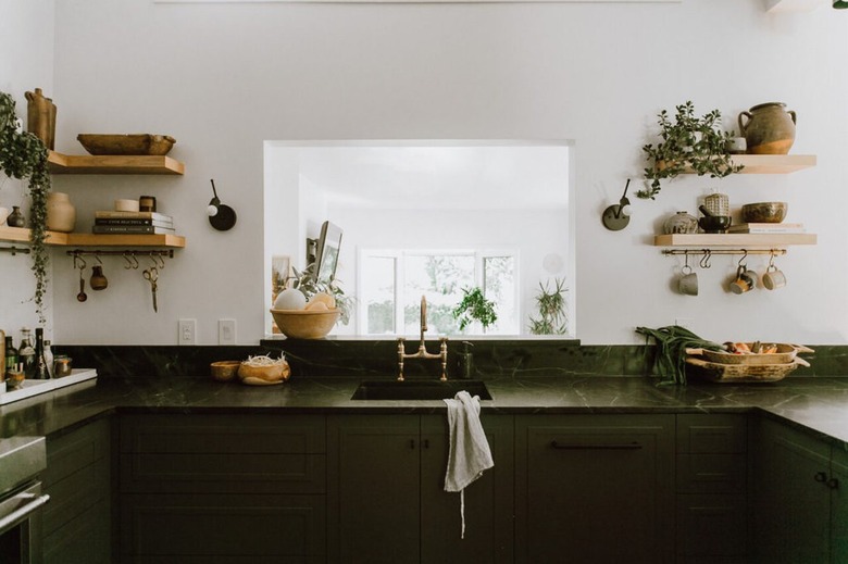 white and green bohemian kitchen with open shelves