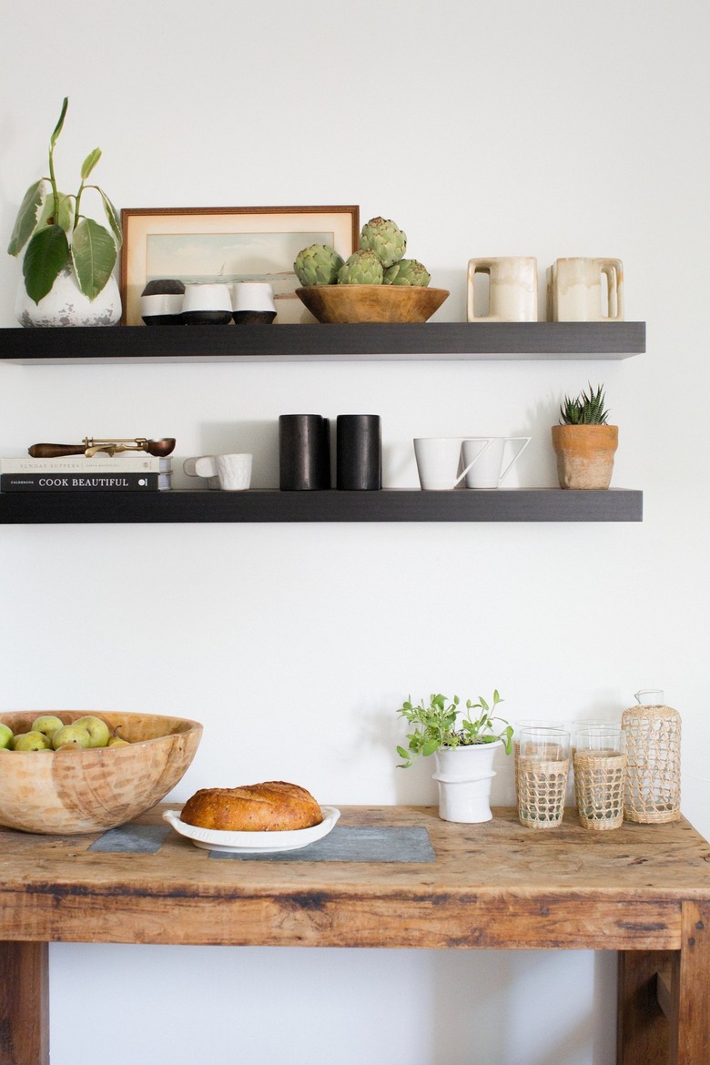 white bohemian kitchen with open shelves