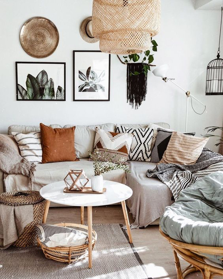 bohemian living room lighting idea with woven pendant light from IKEA