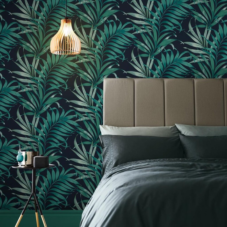 dark palm leaf printed wallpaper