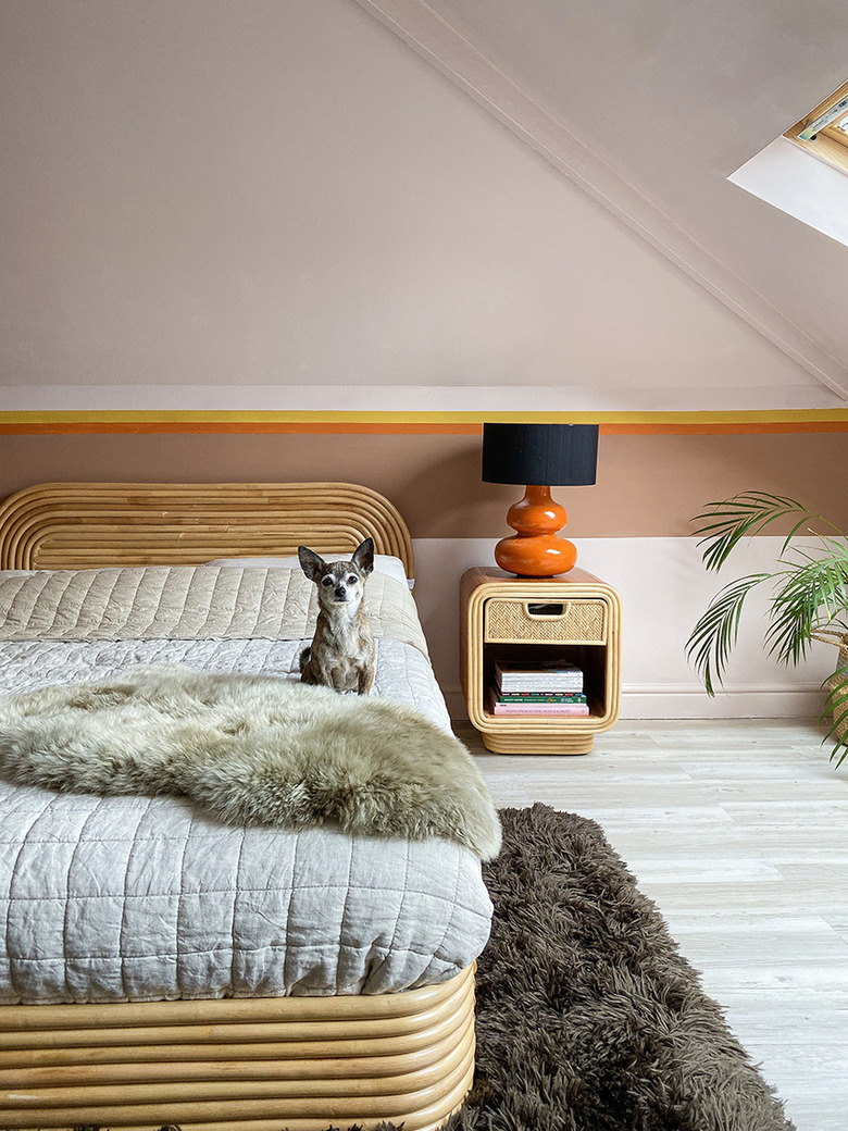 boho beach bedroom with earthy color palette and rattan bed