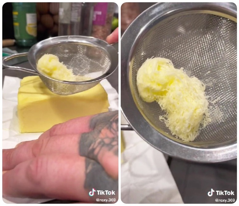 Grating cold butter with a mesh strainer