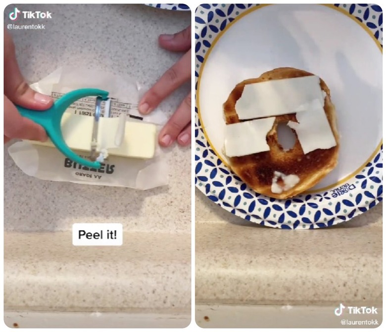 Slicing cold butter with a vegetable peeler onto a paper plate