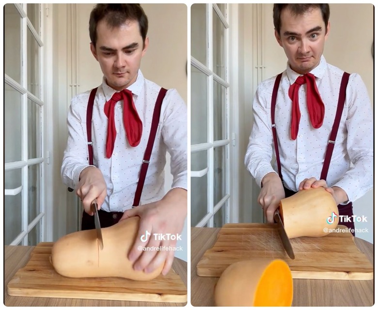 A TikTok tutorial shows how simple it is to quickly and safely cut butternut squash at home.