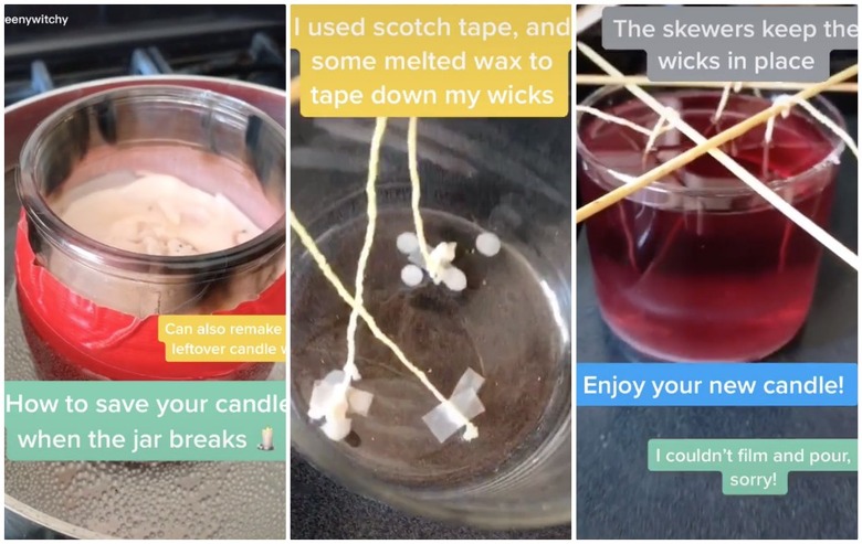 broken candle being saved with duct tape in pot of boiling water