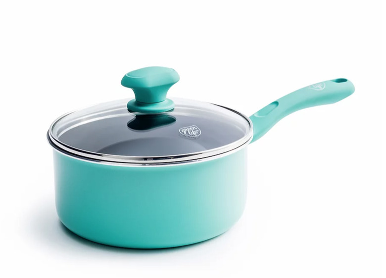 Turquoise ceramic pans with glass lid.