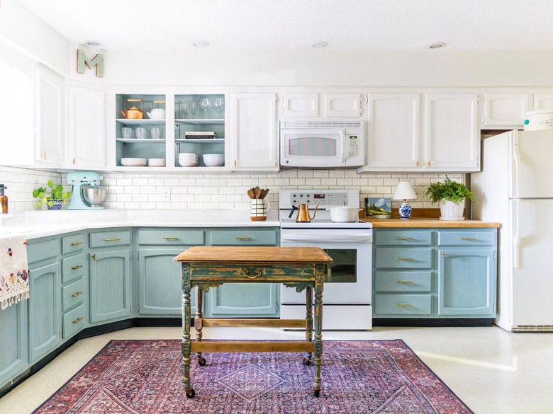 blue and white chalk painted kitchen