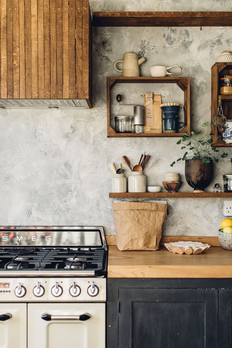 rustic kitchen with cement backsplash