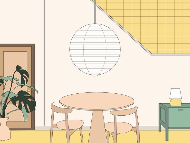 An illustration of a white circular Chinese paper lantern above a diving room table with two chairs.