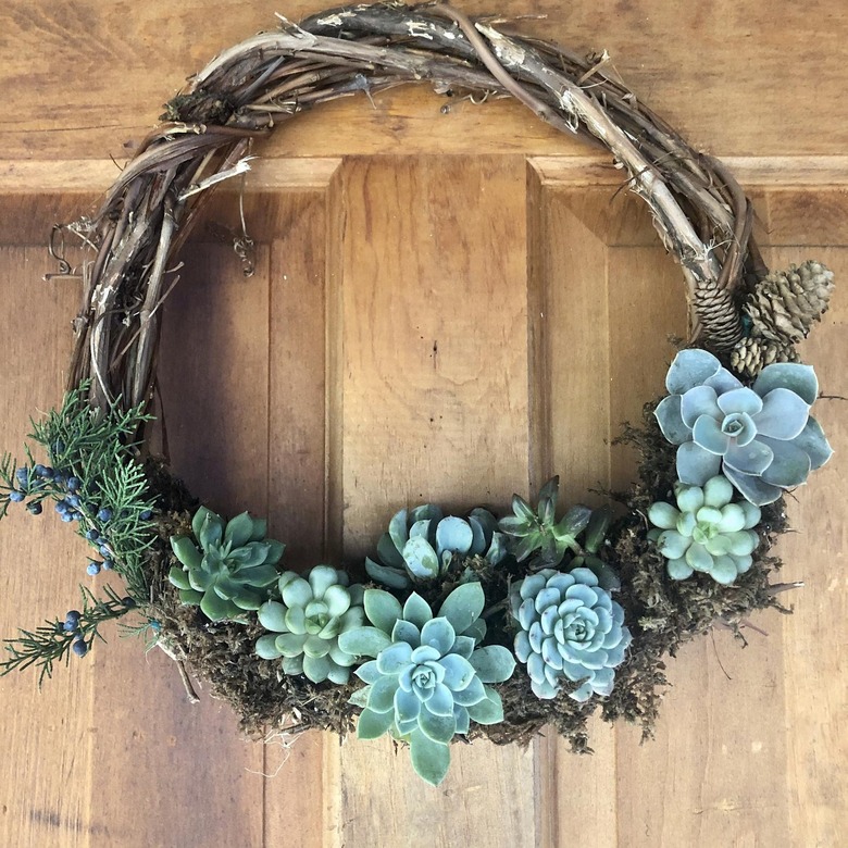 Christmas Door Decorations with Succulent wreath with pinecones.