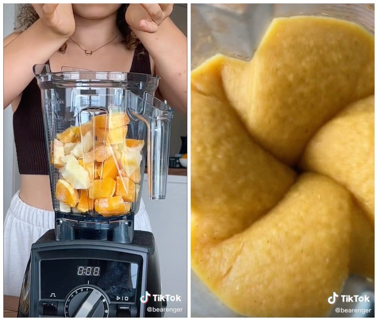 Woman putting orange chunks and lemon chunks into a blender. On the right is a close up of the blended citrus.