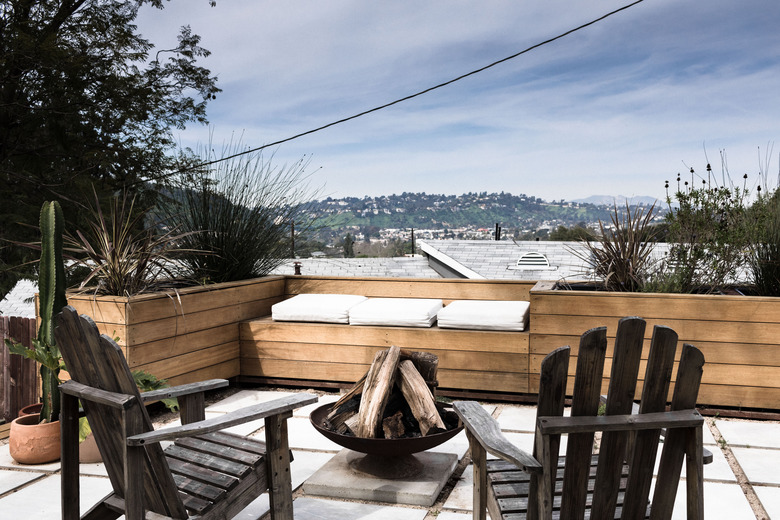 Wood patio chairs and fire pit