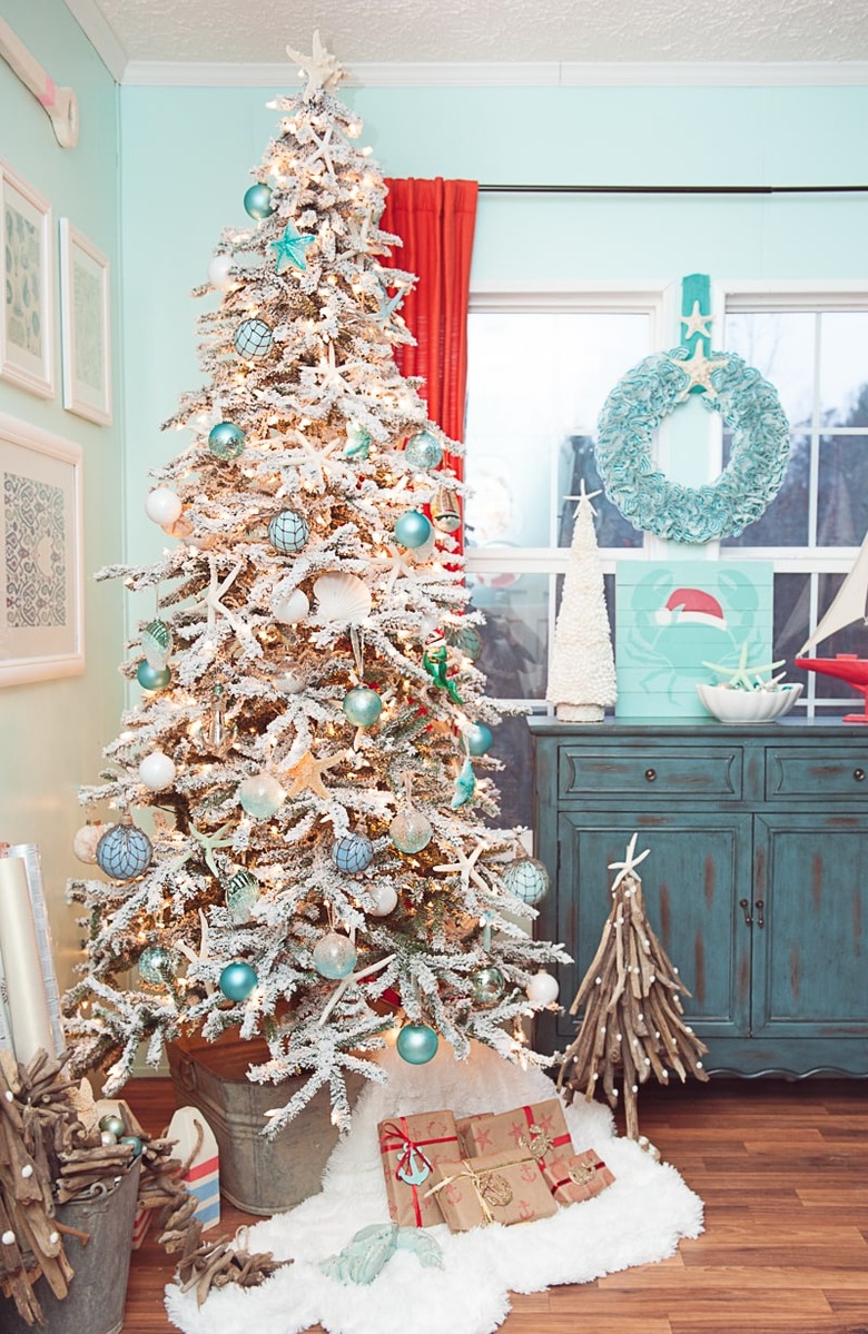 blue and white coastal Christmas tree with sea rornaments