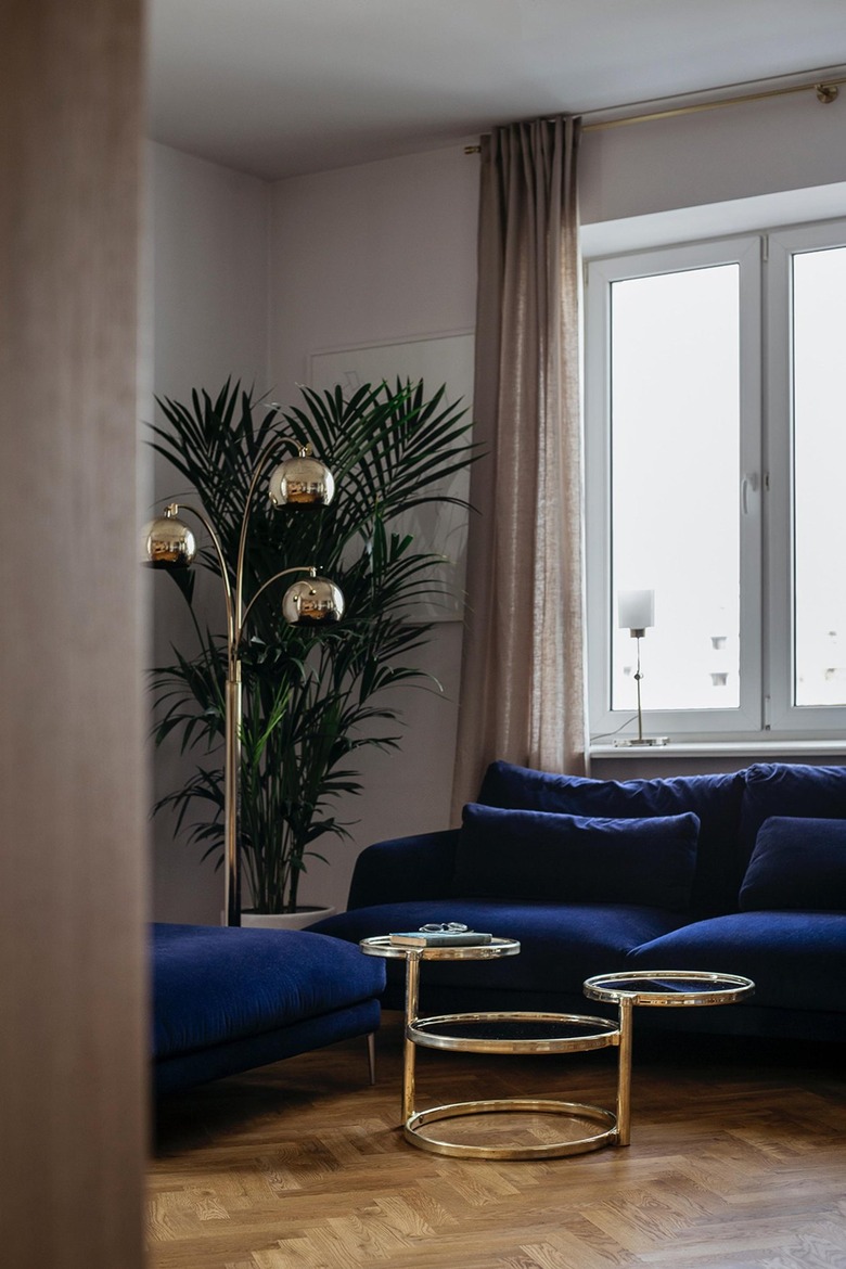 white living room with navy blue sofa and palm tree