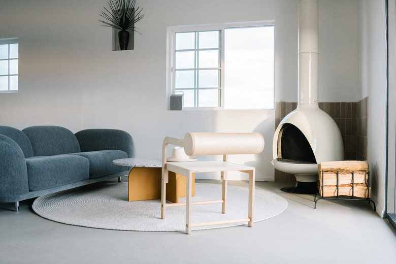 Desert boho living room with white fireplace