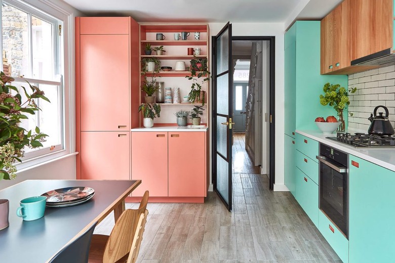 Pink and aqua complementary colors in contemporary kitchen