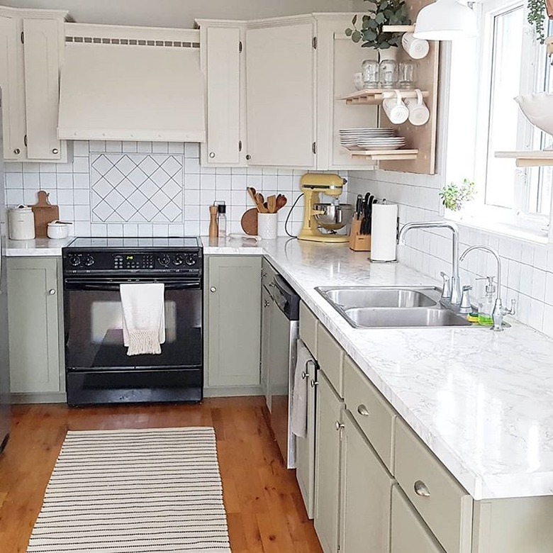 marble contact paper for countertops in kitchen with open shelving