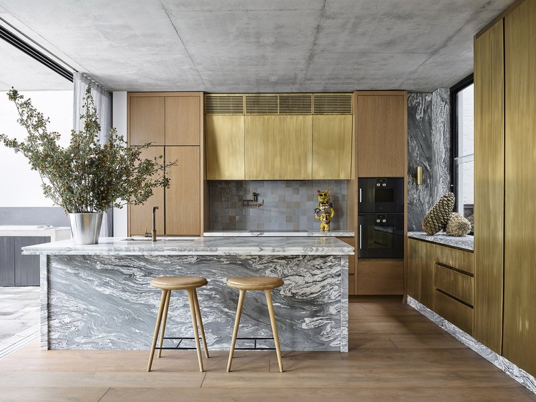 contemporary kitchen with brass cabinets