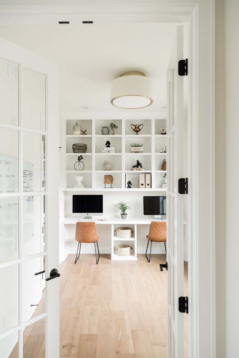 white Contemporary Office with double desk and open shelving