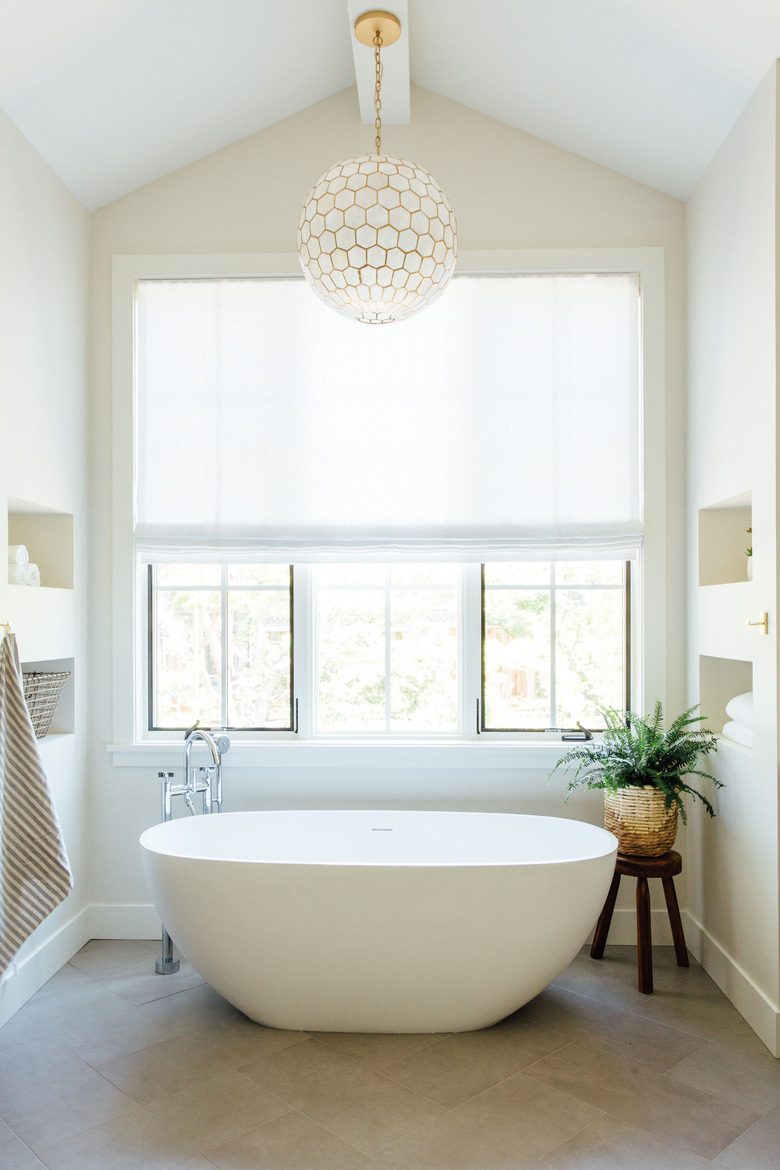 Contemporary Window Treatments Sheer white shades in a master bathroom designed by Michelle Lisac Interior Design