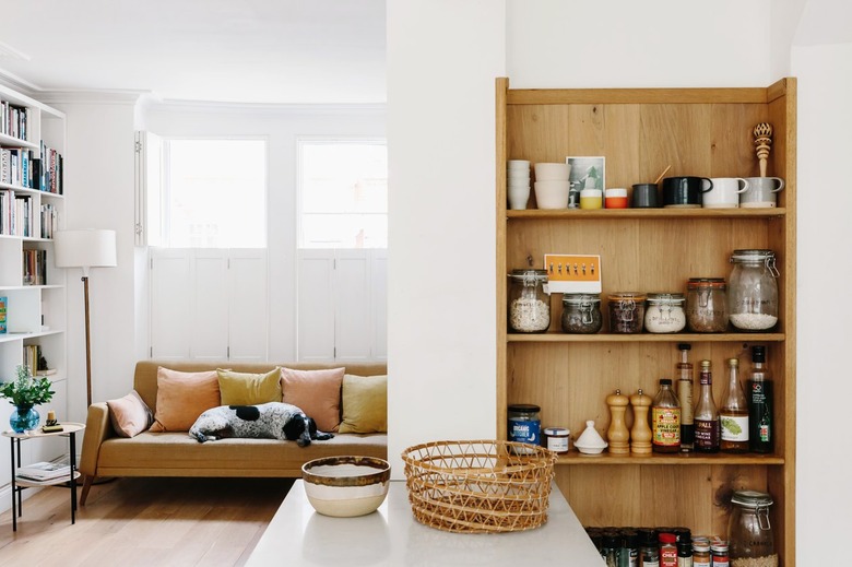 White-walled living room with wooden shelving unit with pantry ingredients, tan leather couch, bookshelf, lamp, and dog