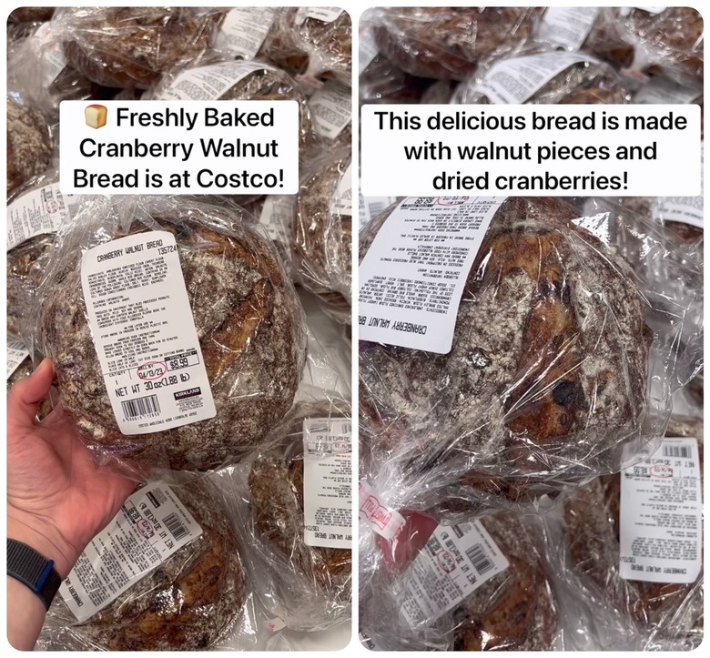 Two images of Costco's cranberry walnut bread side by side. One image has text that reads, 