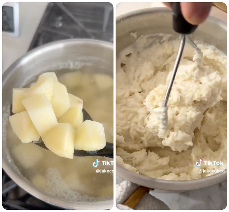 boiling potatoes and mashed potatoes side by side