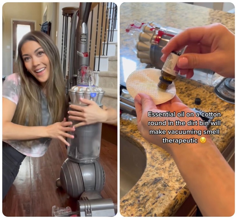 TikTok creator Mai Zimmy hugs a vacuum. A second image shows essential oil being put on a cotton round with text that reads 