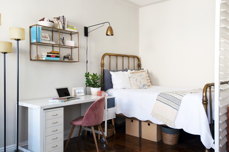 Craft Storage in Bedroom with a shutter divider and an office desk