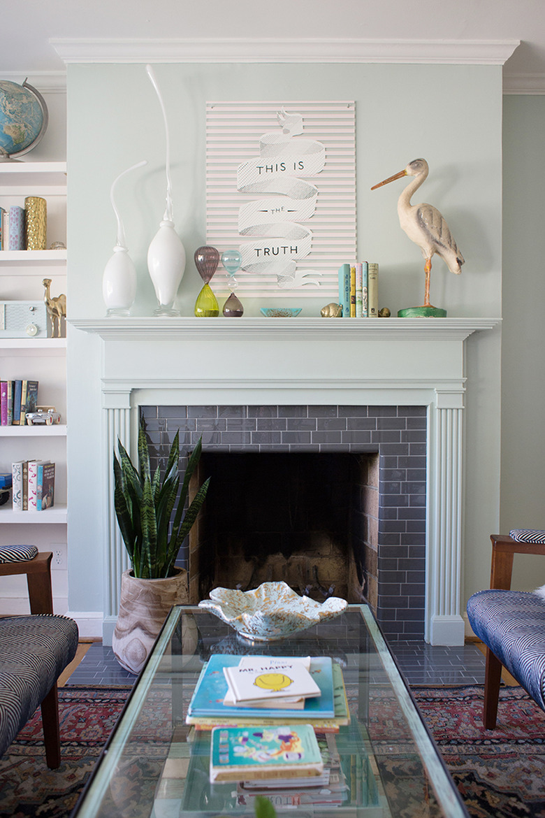 stick-on subway tile on traditional fireplace