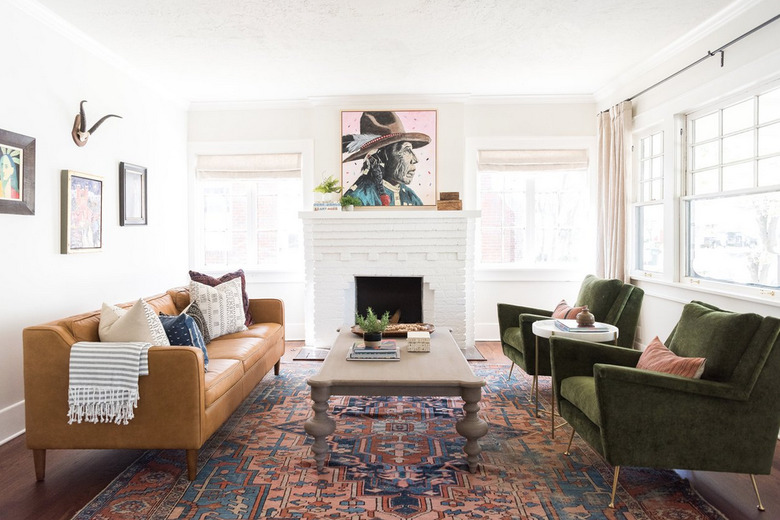 Craftsman living room with Native American artwork above fireplace