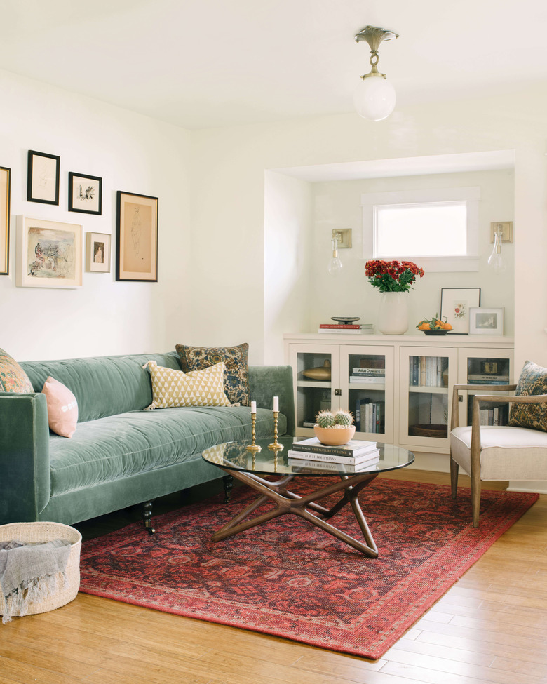 Craftsman living room with pastel color palette and contemporary furniture