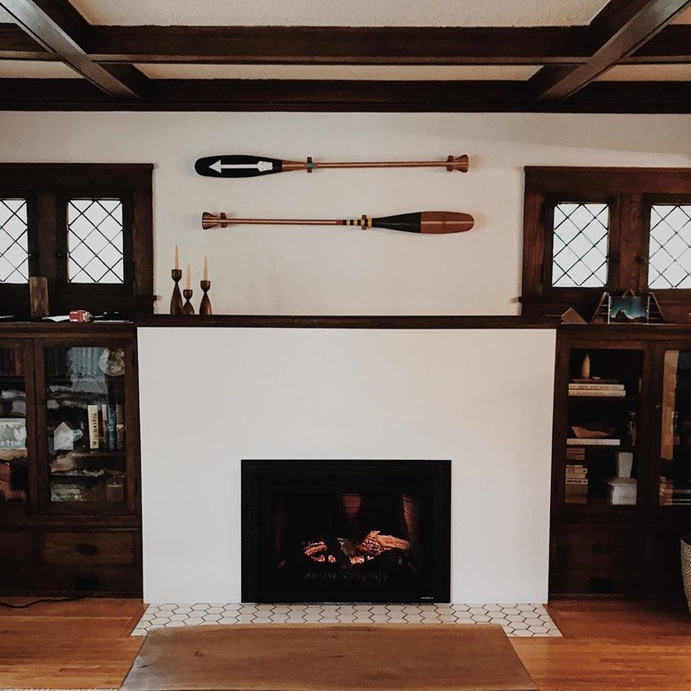 refaced Craftsman style fireplace with original built-ins