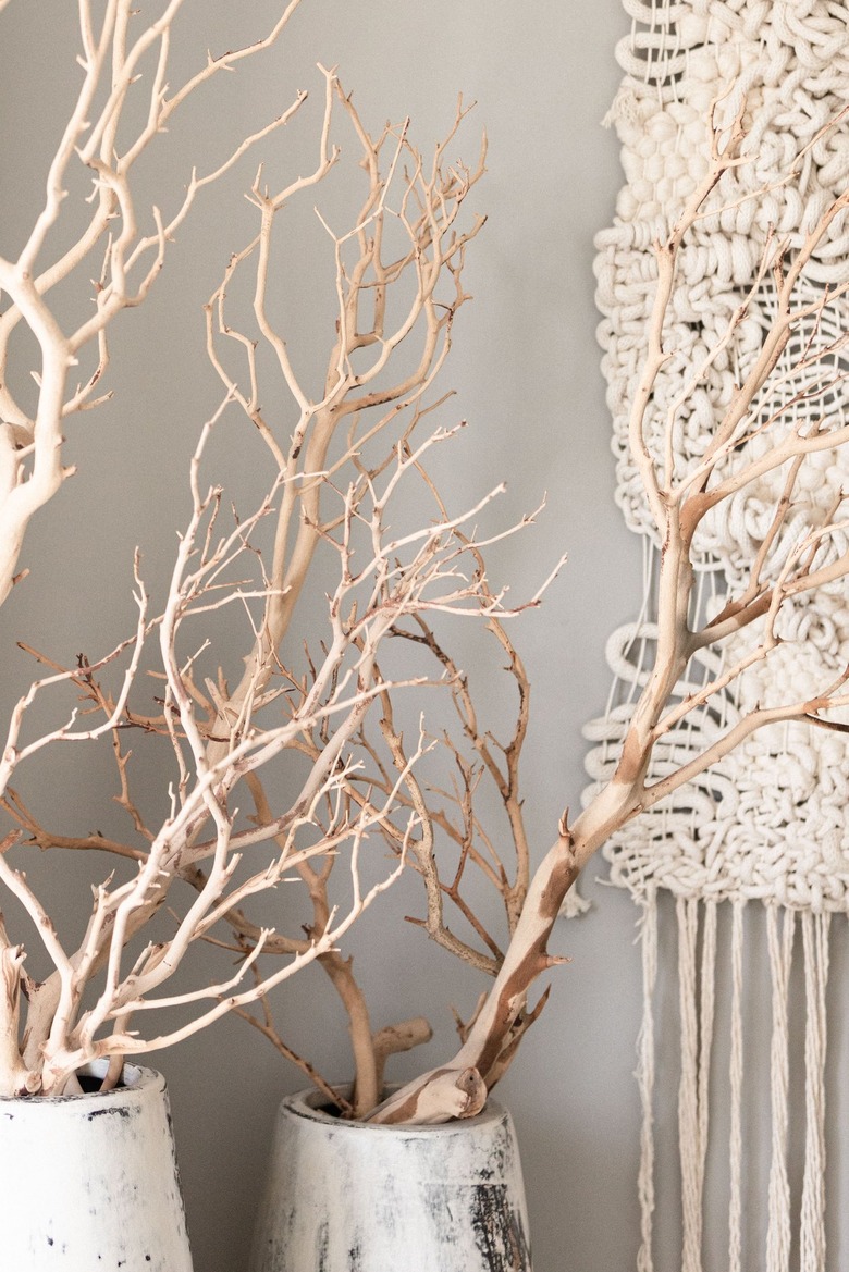 Dried beige sea plants in white vases and a textile wall hanging