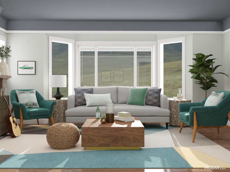 mid-century transitional room with comfortable furnishings and calming colors