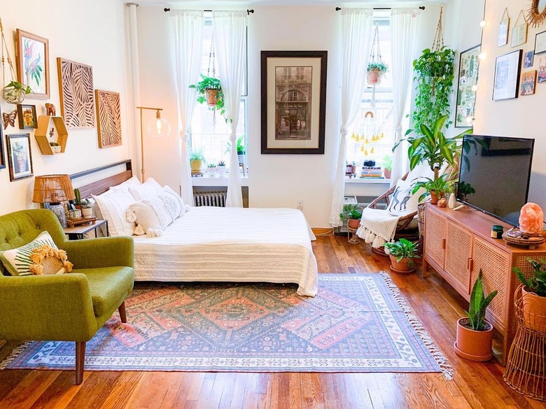 bedroom with framed artwork, television, and hanging plants