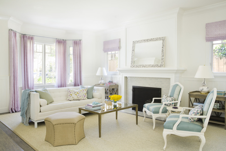 living room sofa ideas for white living room and pastel drapery