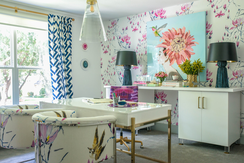 Desk Organization Ideas with Home office with white desk and floral wallpaper by Studio Ten 25