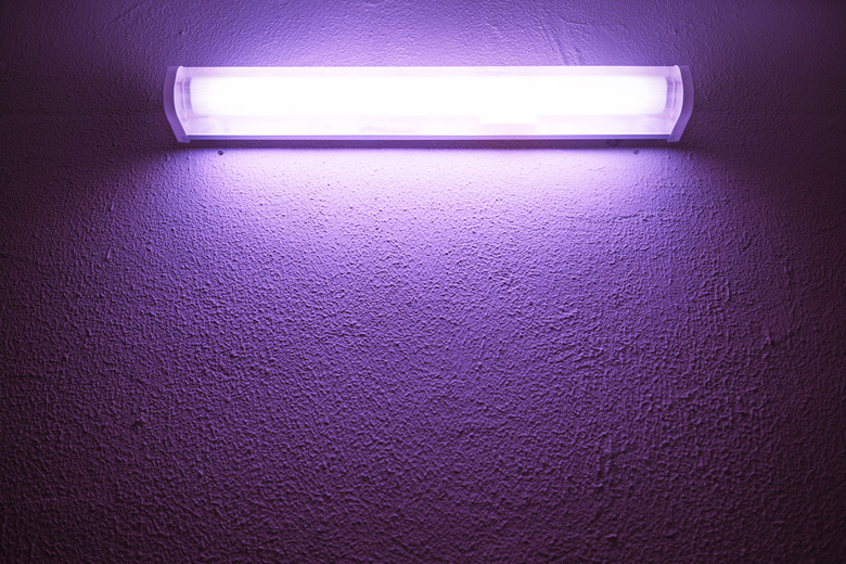 Germicidal ultraviolet lamp glows on a rough wall.