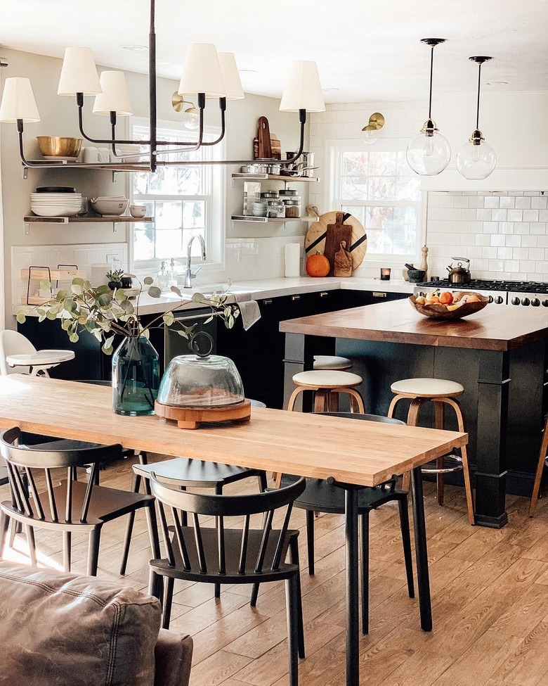 eat-in kitchen dining dining room table centerpiece with butcher block table