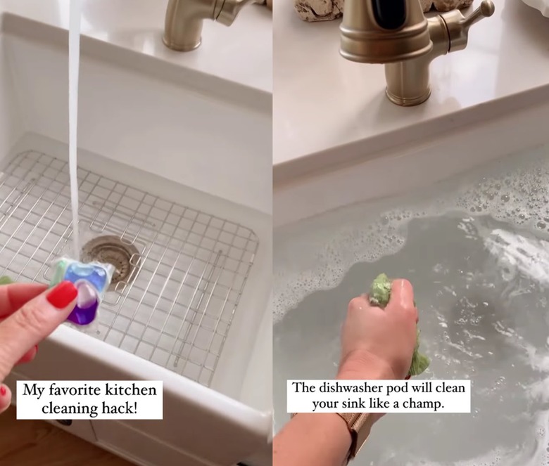 Split screen image of a hand putting a dishwasher pod into a sink on the left and a hand ringing out a washcloth above a sink to the right