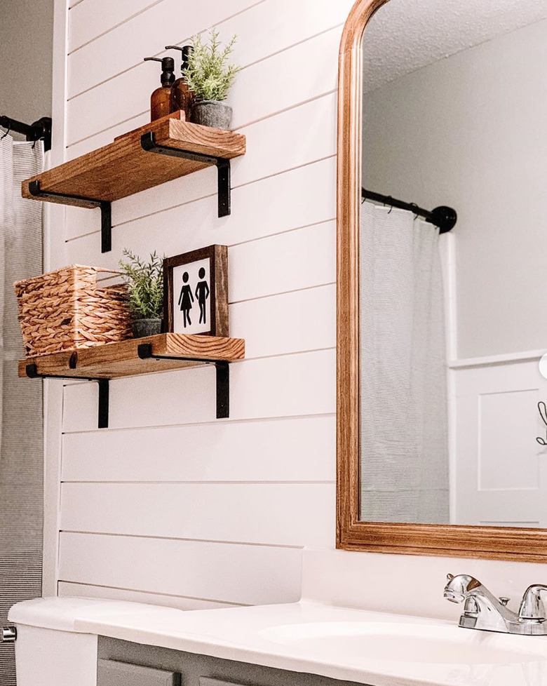 diy bathroom backsplash idea in farmhouse style with white shiplap